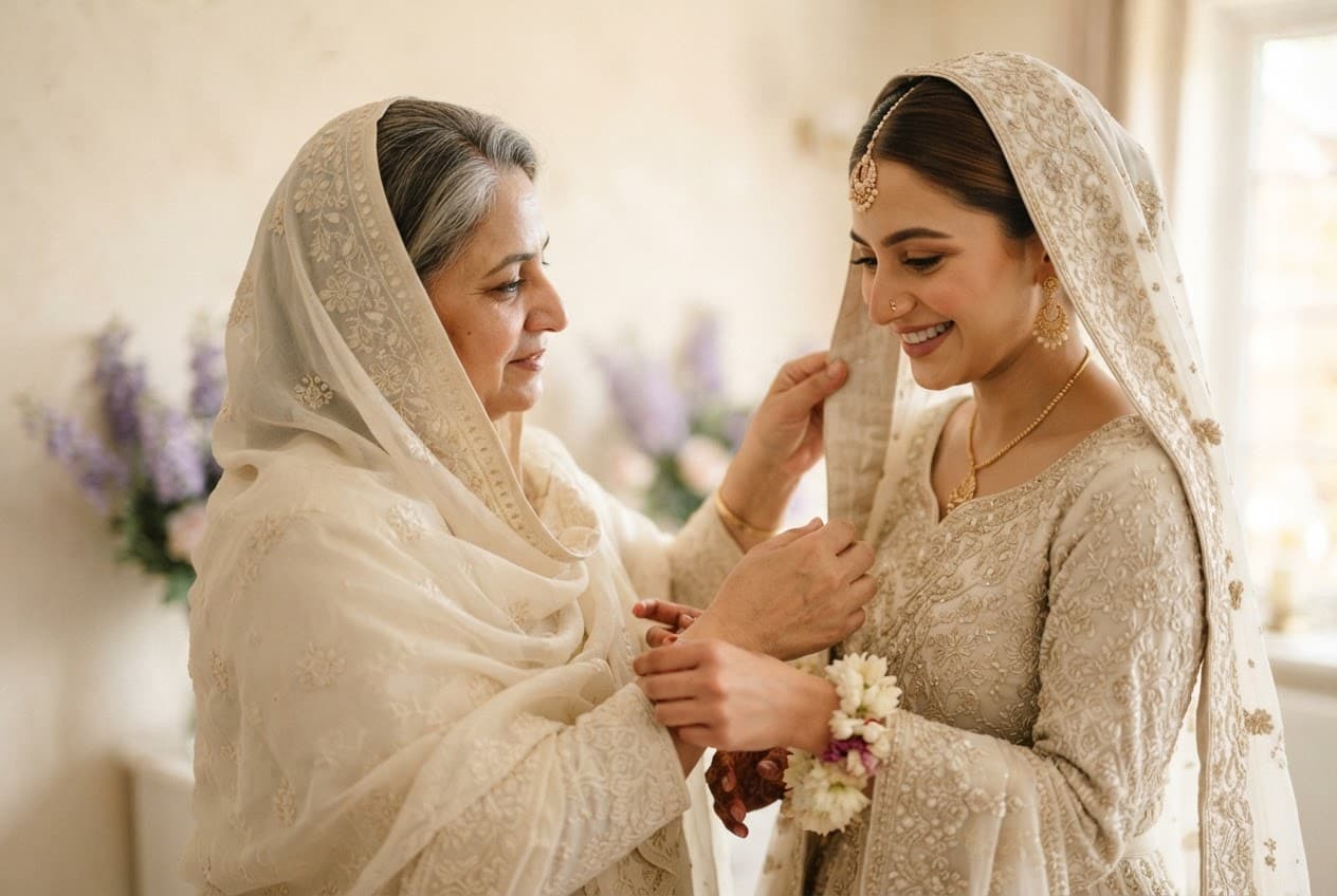A mother helping a bride prepare with care